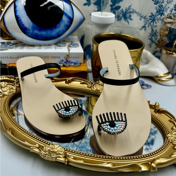 🆕 CHIARA FERRAGNI 🧿 NWOT Flirting Leather Toe Ring Sandal, Black - Sz 36 - Picture 12 of 16